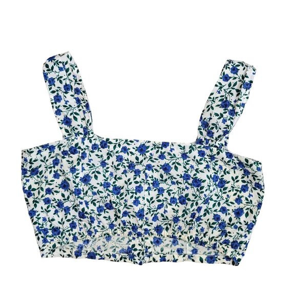 Bonjour bralette cropped buton front floral blue and white tank top size Medium - Picture 2 of 5